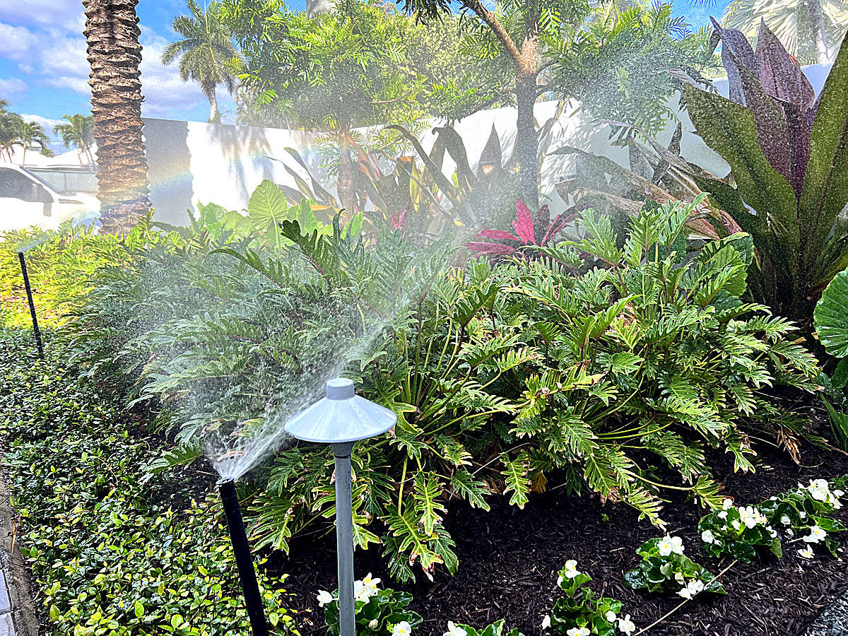 Irrigation spray head repair watering tropical landscape bed in Boca Raton — sprinkler service and maintenance