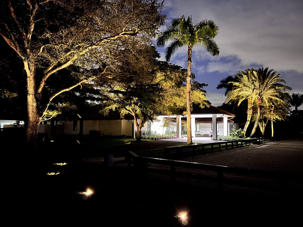 Oak and palm uplighting at an estate entrance at dusk