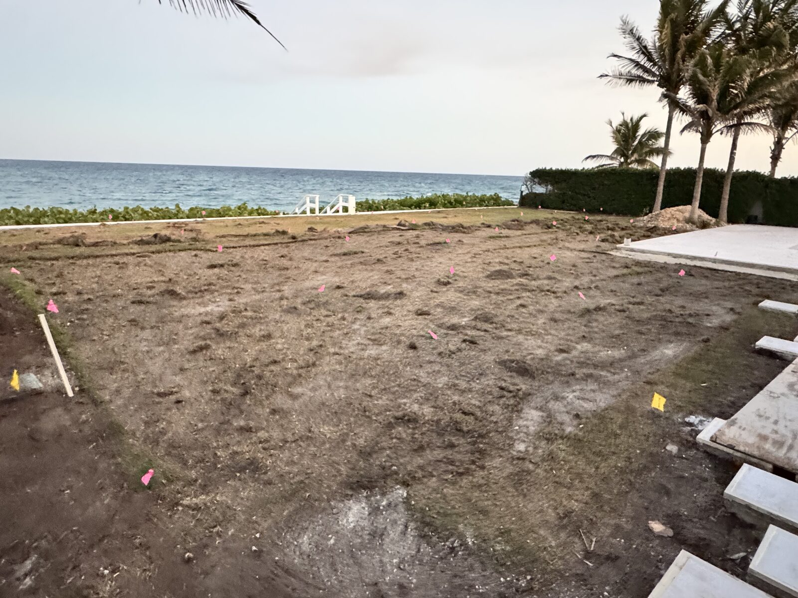 Old sod removed and yard flagged for grading before new sod installation at an oceanfront South Florida property