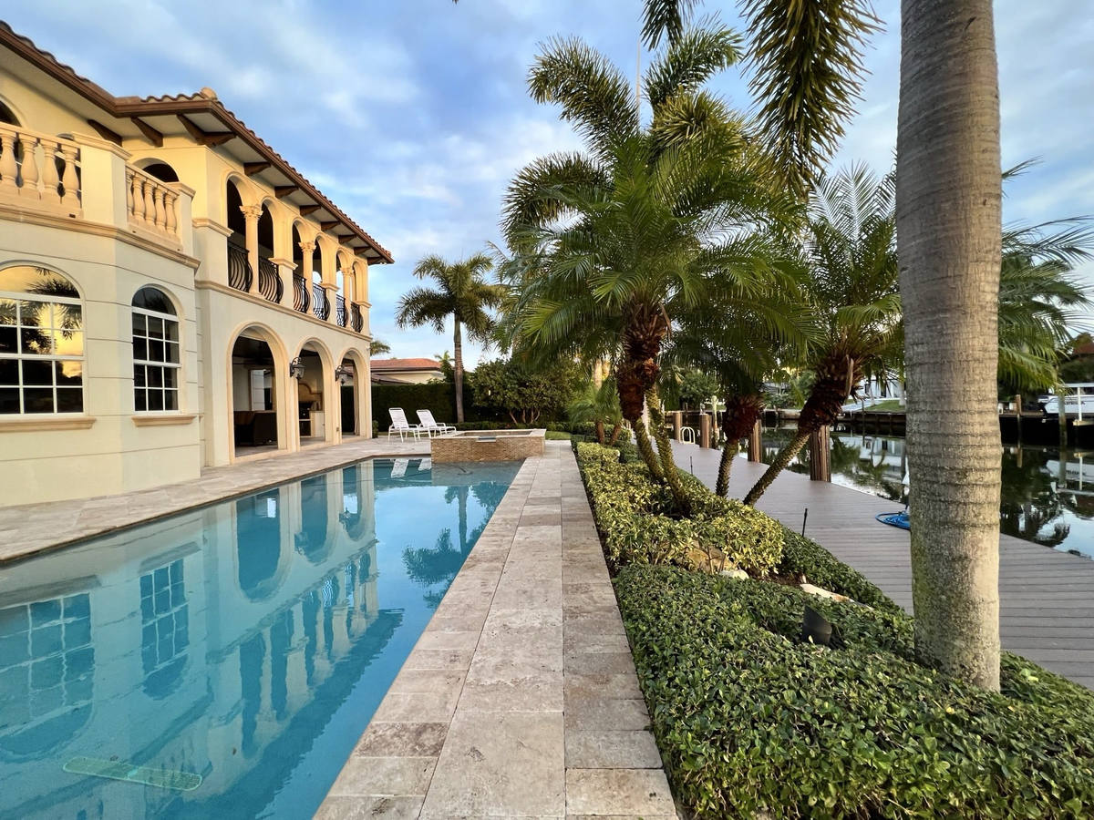 Waterfront bougainvillea and palm trees in Deerfield Beach by Florida Boys Lawn & Landscape